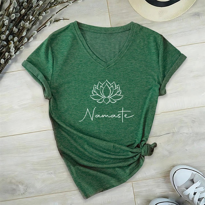 Olivenorma Minimalist Yoga Namaste V-Neck T-Shirt - Dark Green - 2XL - image 6