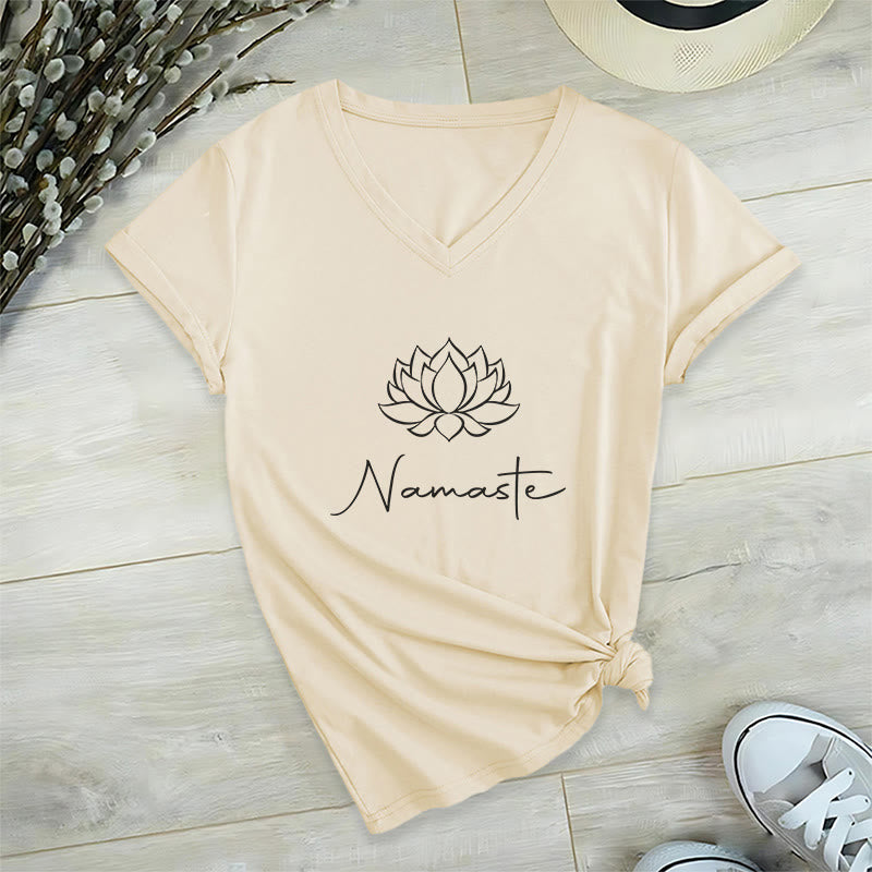 Olivenorma Minimalist Yoga Namaste V-Neck T-Shirt - Khaki - 2XL - image 0