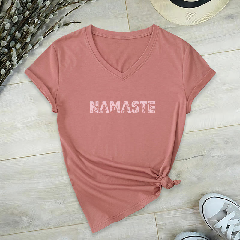 Olivenorma Minimalist Yoga Namaste Pose V-Neck T-Shirt - Pink - 2XL - image 18
