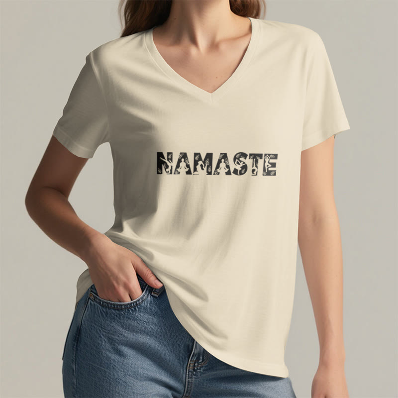 Olivenorma Minimalist Yoga Namaste Pose V-Neck T-Shirt - image 3