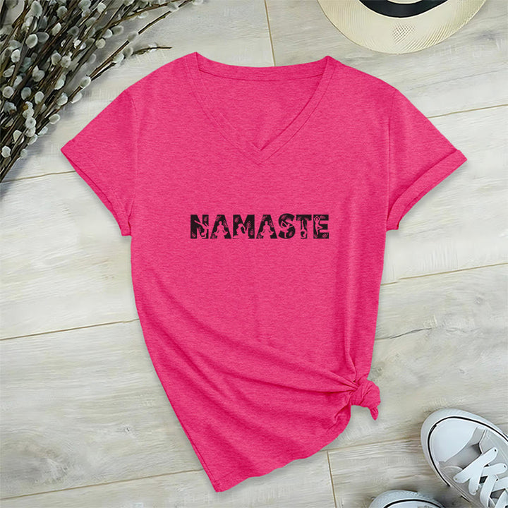 Olivenorma Minimalist Yoga Namaste Pose V-Neck T-Shirt - Rose Red - 2XL - image 20