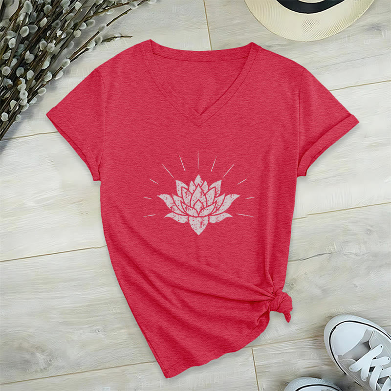 Olivenorma Lotus Zen Yoga V-neck T-shirt - Red - 2XL - image 14