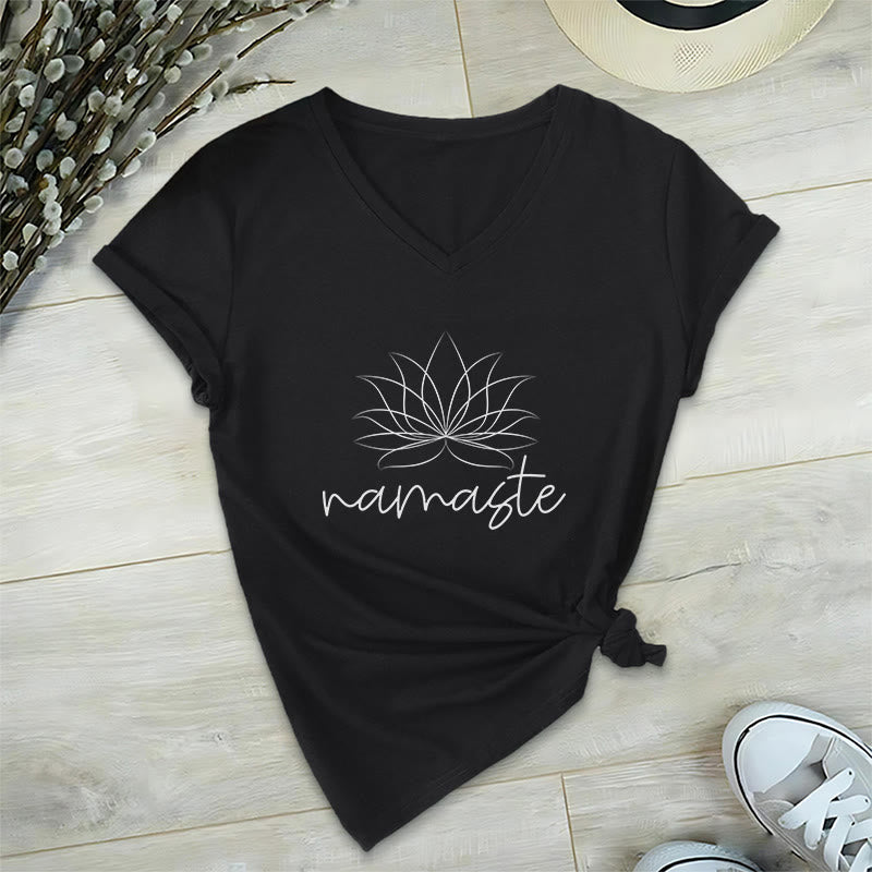 Olivenorma Yoga Meditation Namaste V-Neck T-Shirt - Black - 2XL - image 2