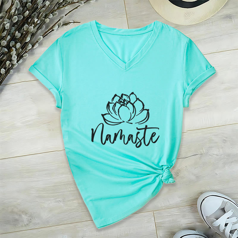 Olivenorma Lotus Yoga Meditation Namaste V-Neck T-Shirt - Lake Blue - 2XL - image 0