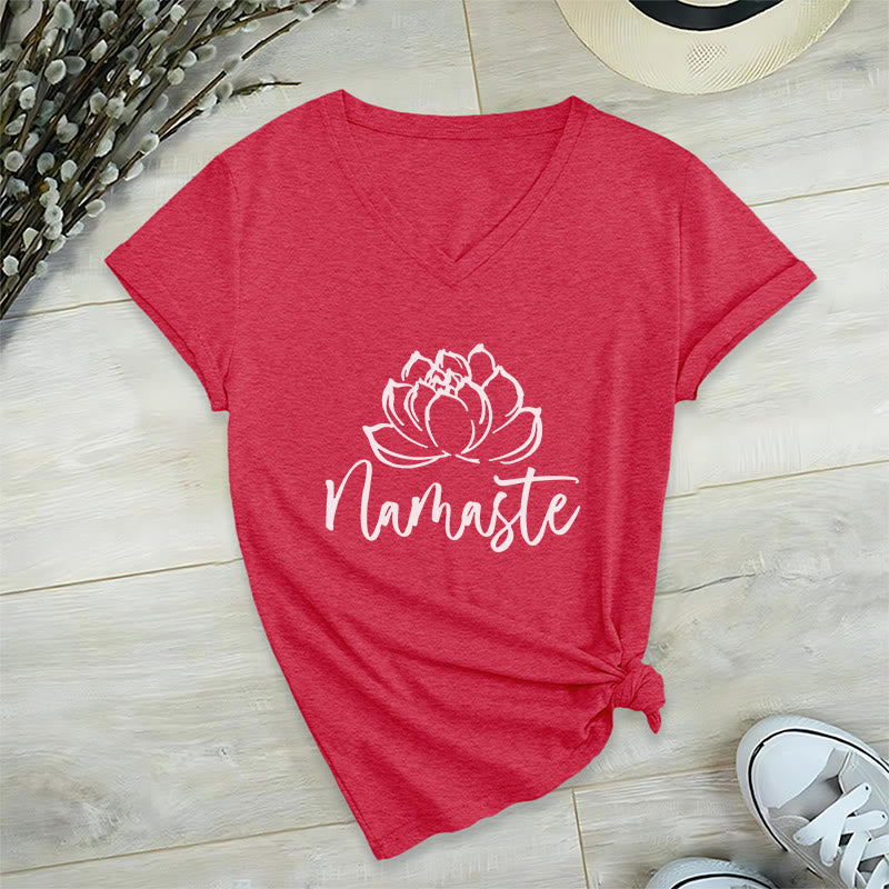 Olivenorma Lotus Yoga Meditation Namaste V-Neck T-Shirt - Red - 2XL - image 18