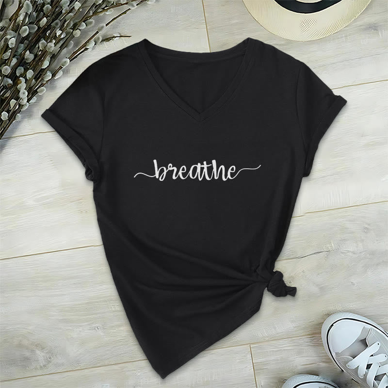 Olivenorma Breathe Yoga Meditation V-Neck T-Shirt - Black - 2XL - image 6