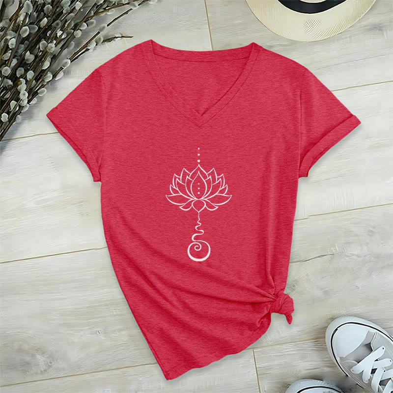 Olivenorma Unalome Lotus Yoga V-Neck T-Shirt - Red - 2XL - image 18