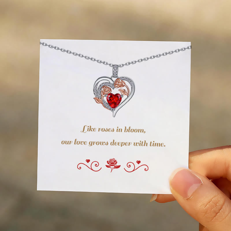 Olivenorma Double Roses Flower Heart Birthstone Gift Card Necklace - image 1