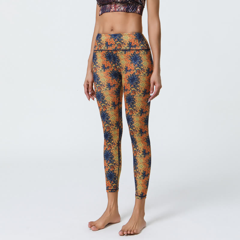 Olivenorma High-Waisted Geometric Floral Print Yoga Pants - Deep Blue Flowers - XL - image 1