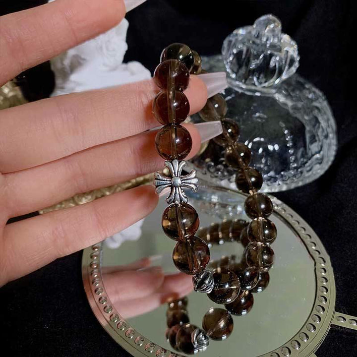 Olivenorma Smoky Quartz Beaded Cross Pendant Bracelet - image 1