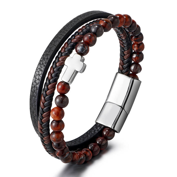 Olivenorma Tiger Eye Cross Stainless Steel Braided Leather Bracelet - Red Tiger Eye & Silver Cross - image 3
