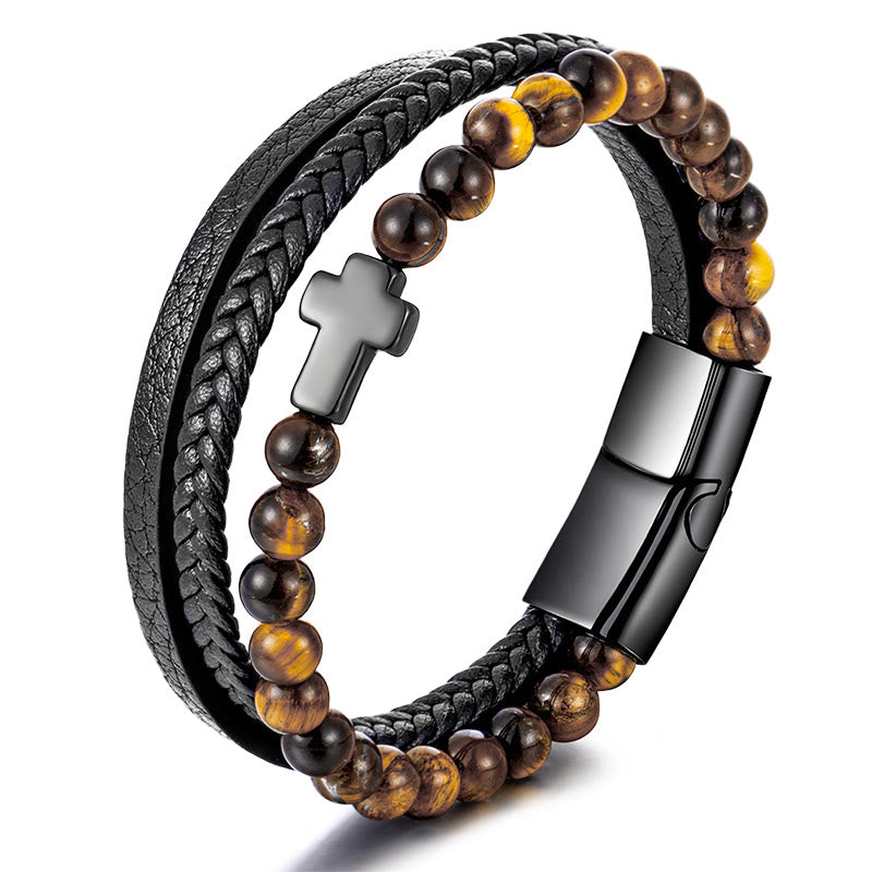 Olivenorma Tiger Eye Cross Stainless Steel Braided Leather Bracelet - Tiger Eye & Silver Black Cross - image 5