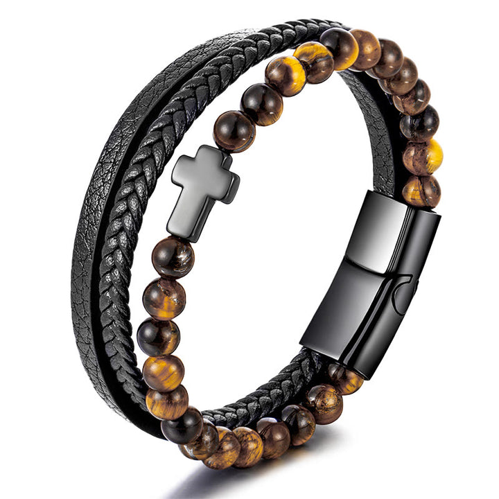 Olivenorma Tiger Eye Cross Stainless Steel Braided Leather Bracelet - Tiger Eye & Silver Black Cross - image 5