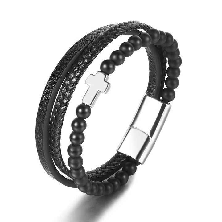 Olivenorma Tiger Eye Cross Stainless Steel Braided Leather Bracelet - Black Onyx & Silver Cross - image 11