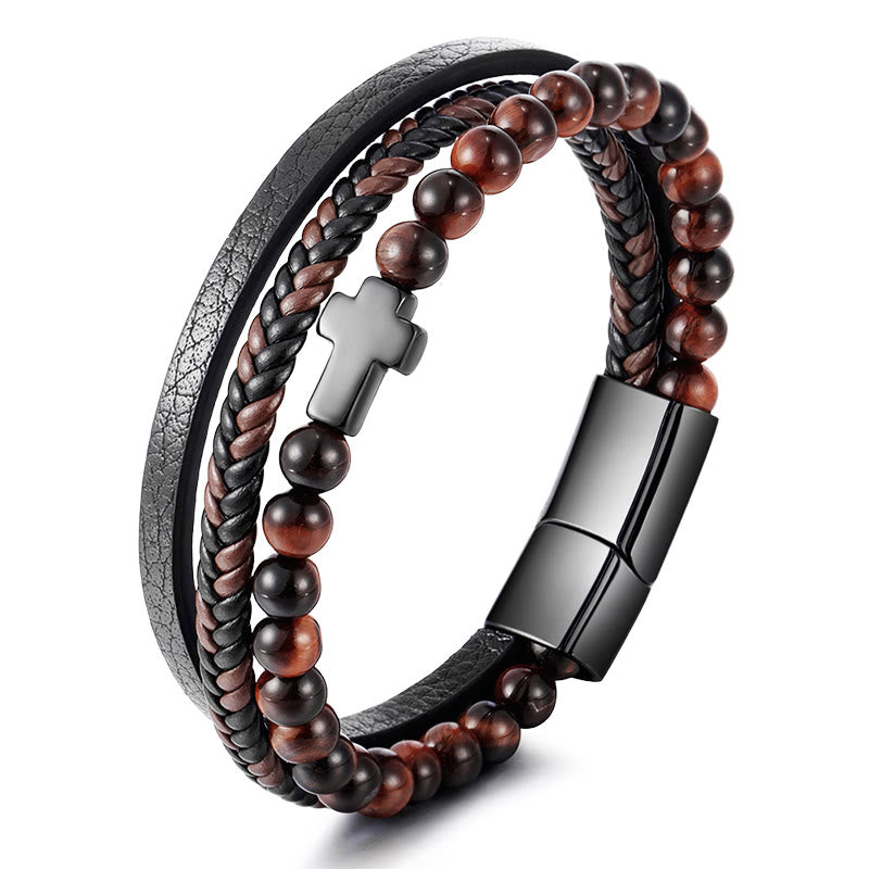 Olivenorma Tiger Eye Cross Stainless Steel Braided Leather Bracelet - Red Tiger Eye & Silver Black Cross - image 1