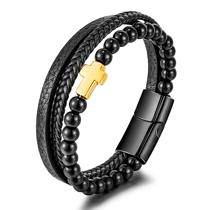 Olivenorma Tiger Eye Cross Stainless Steel Braided Leather Bracelet - Obsidian & Golden Cross - image 7