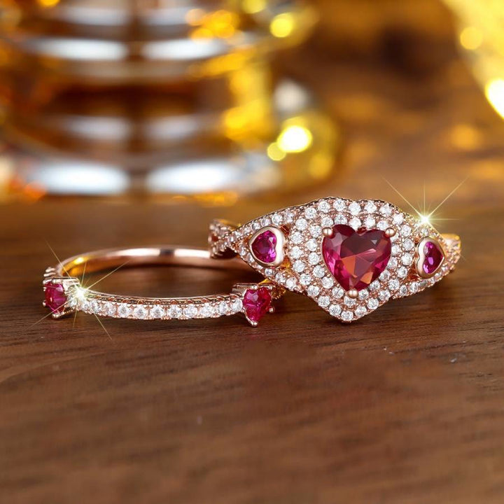 FREE Today: 2Pcs Heart Cut Rose Red Zircon Stone Wedding Ring Set - image 5