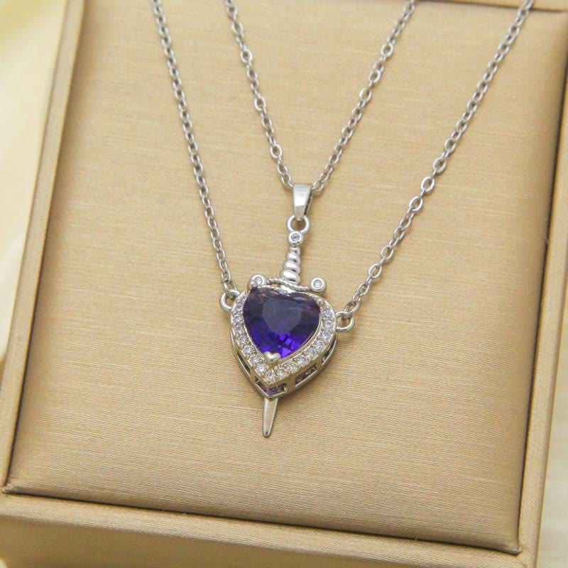 FREE Today: "Fight for your love" Heart Lock Slip Chain Heart Sword Couple Necklace Set - Blue Heart & Silver Color - image 10