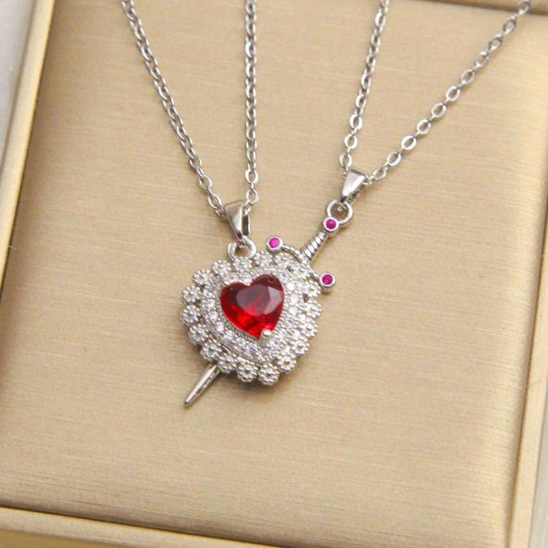 FREE Today: "Fight for your love" Heart Lock Slip Chain Heart Sword Couple Necklace Set - Red Flower Heart & Silver Color - image 11