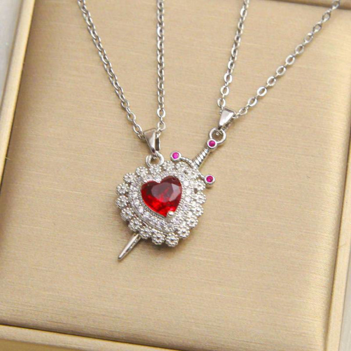 FREE Today: "Fight for your love" Heart Lock Slip Chain Heart Sword Couple Necklace Set - Red Flower Heart & Silver Color - image 11