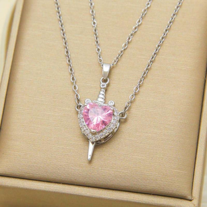 FREE Today: "Fight for your love" Heart Lock Slip Chain Heart Sword Couple Necklace Set - Pink Heart & Silver Color - image 8