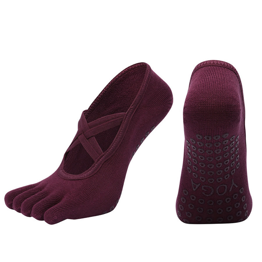 Olivenorma Cross-Strap Five-Toe Cotton Non-Slip Grip Pilates Barre Stability Workout Women's Yoga Socks - Rose Red - Closed-toe - 10 Pairs - image 13