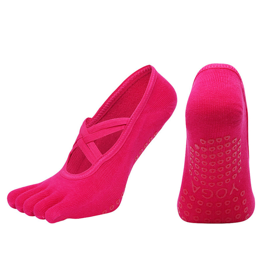 Olivenorma Cross-Strap Five-Toe Cotton Non-Slip Grip Pilates Barre Stability Workout Women's Yoga Socks - Rose Red - Open-toe - 10 Pairs - image 15
