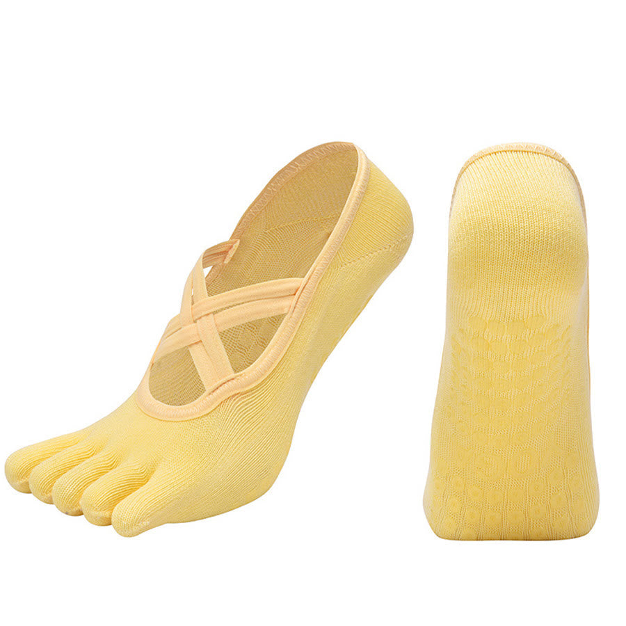 Olivenorma Cross-Strap Five-Toe Cotton Non-Slip Grip Pilates Barre Stability Workout Women's Yoga Socks - Yellow - Closed-toe - 10 Pairs - image 16
