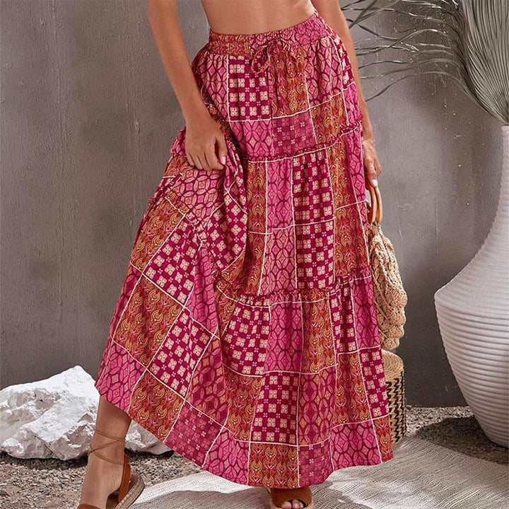 Olivenorma Bohemian Patchwork Print High Waist Tiered Maxi Women's Dress - Red - 5XL - image 0