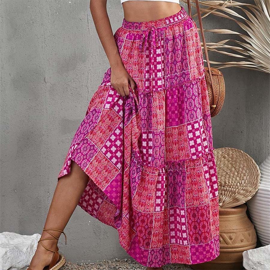 Olivenorma Bohemian Patchwork Print High Waist Tiered Maxi Women's Dress - Magenta - 5XL - image 4