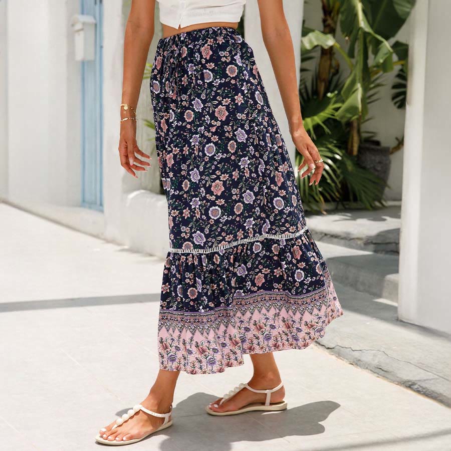 Olivenorma Bohemian Floral Print High Waist Tiered Maxi Women's Dress - Dark Blue - XL - image 12