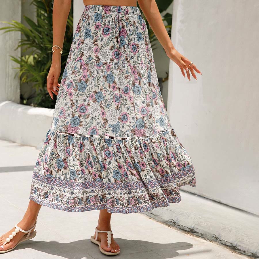 Olivenorma Bohemian Floral Print High Waist Tiered Maxi Women's Dress - Apricot - XL - image 18