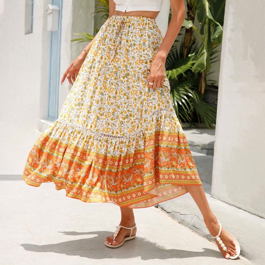 Olivenorma Bohemian Floral Print High Waist Tiered Maxi Women's Dress - Orange - XL - image 0