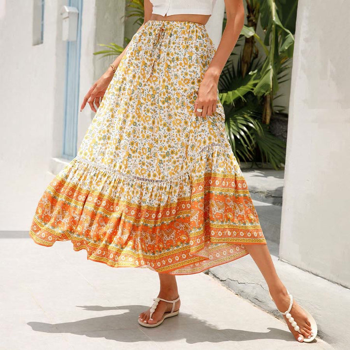 Olivenorma Bohemian Floral Print High Waist Tiered Maxi Women's Dress - Orange - XL - image 0