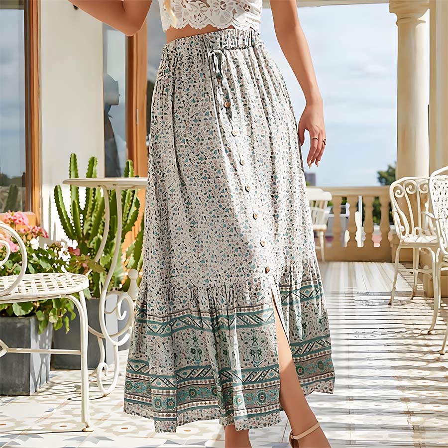 Olivenorma Bohemian Floral Print High Waist Drawstring Button Tiered Maxi Women's Dress - image 4