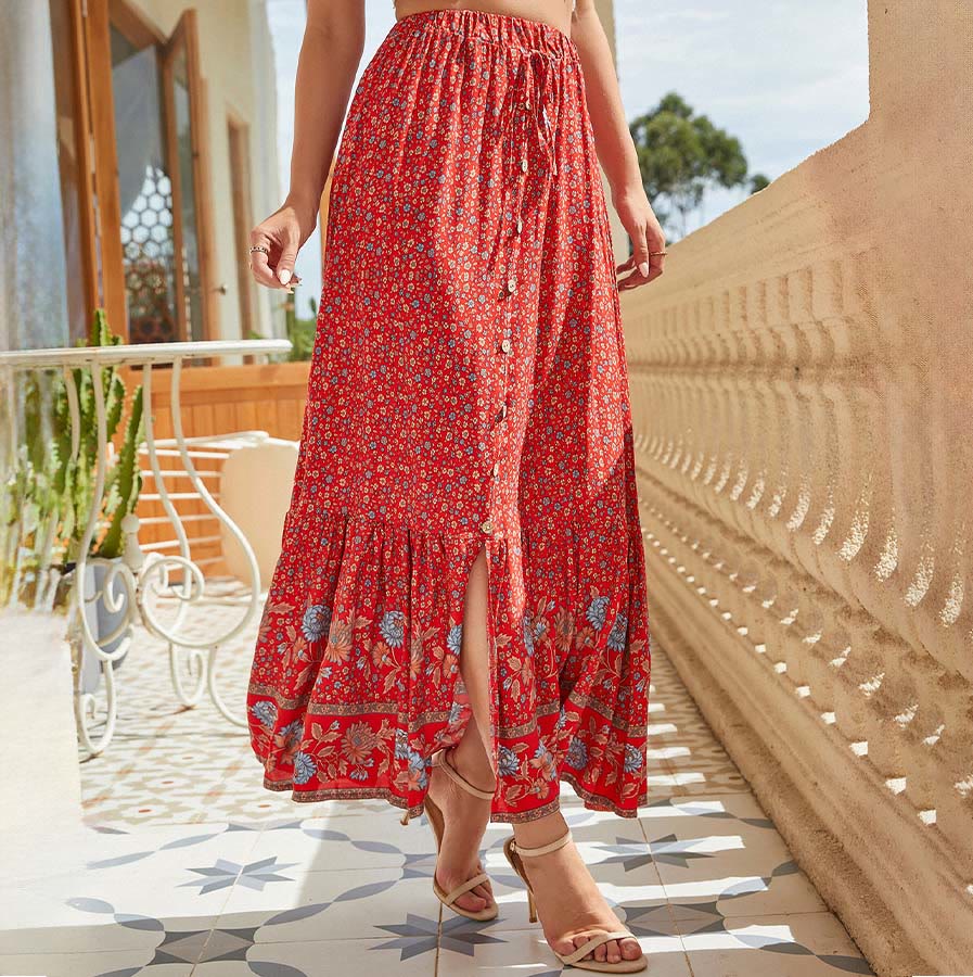 Olivenorma Bohemian Floral Print High Waist Drawstring Button Tiered Maxi Women's Dress - Red - XL - image 13
