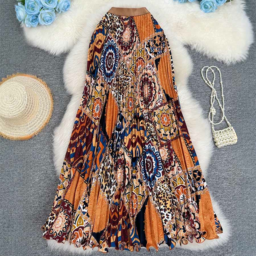 Olivenorma Bohemian Patchwork Print High Waist Pleated Maxi Women's Dress - Grey-Yellow - image 7