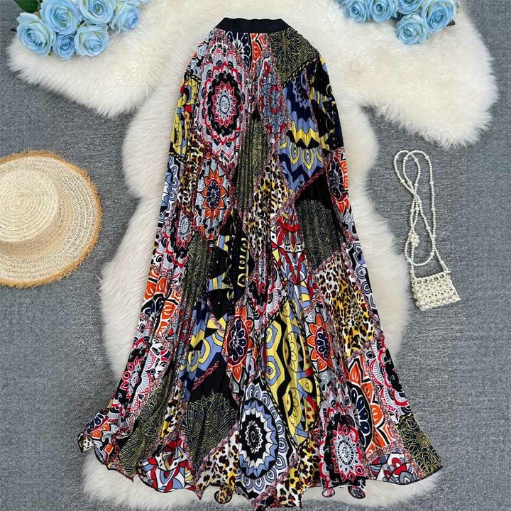Olivenorma Bohemian Patchwork Print High Waist Pleated Maxi Women's Dress - Black - image 12