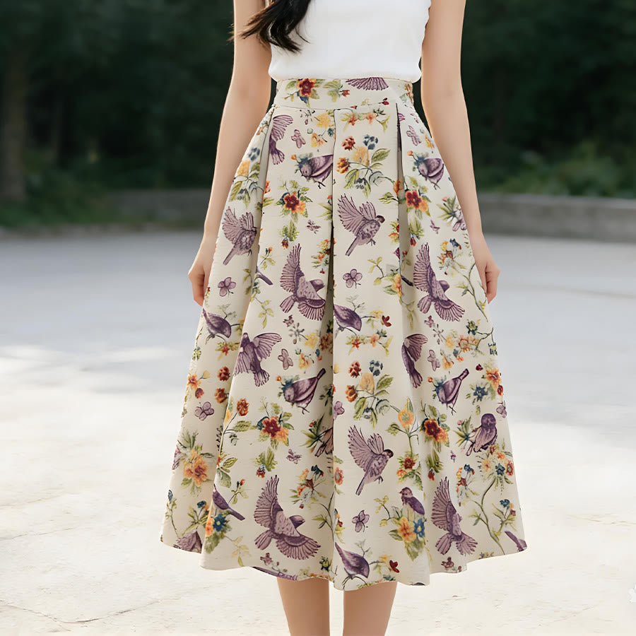 Olivenorma Bohemian Bird Floral Print High Waist Pleated Maxi Women's Dress - image 1