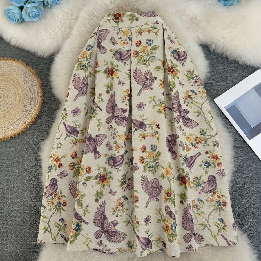 Olivenorma Bohemian Bird Floral Print High Waist Pleated Maxi Women's Dress - Apricot Magpie - XL - image 0
