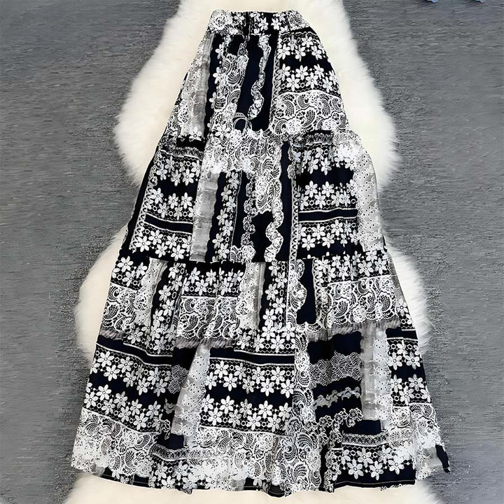 Olivenorma Boho Patchwork High Waist Maxi Women's Dress - Black-White - image 20