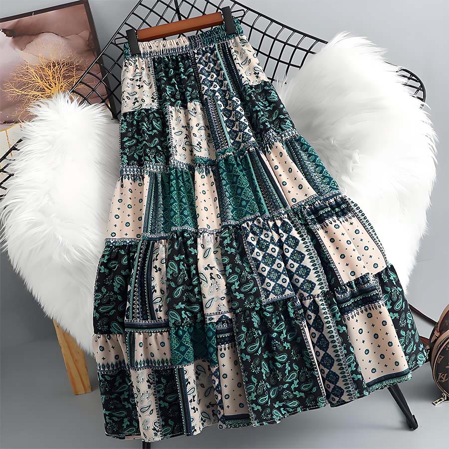 Olivenorma Bohemian Paisley Patchwork Print High Waist Tiered Maxi Women's Dress - image 1