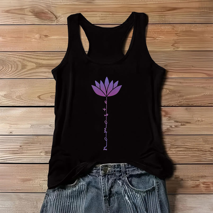 Olivenorma Namaste Lotus Graphic Print Slogan Women's Tank - Black - 3XL - image 0