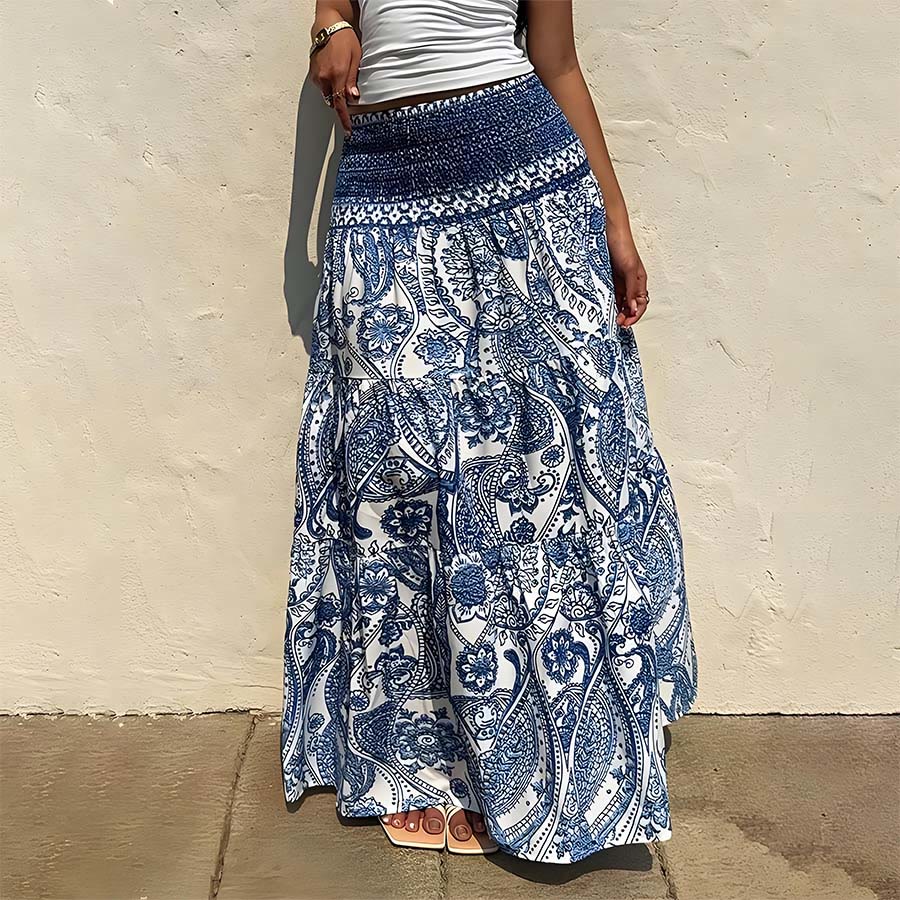 Olivenorma Bohemian Paisley Print High Waist Smocked Tiered Maxi Women's Dress - image 2