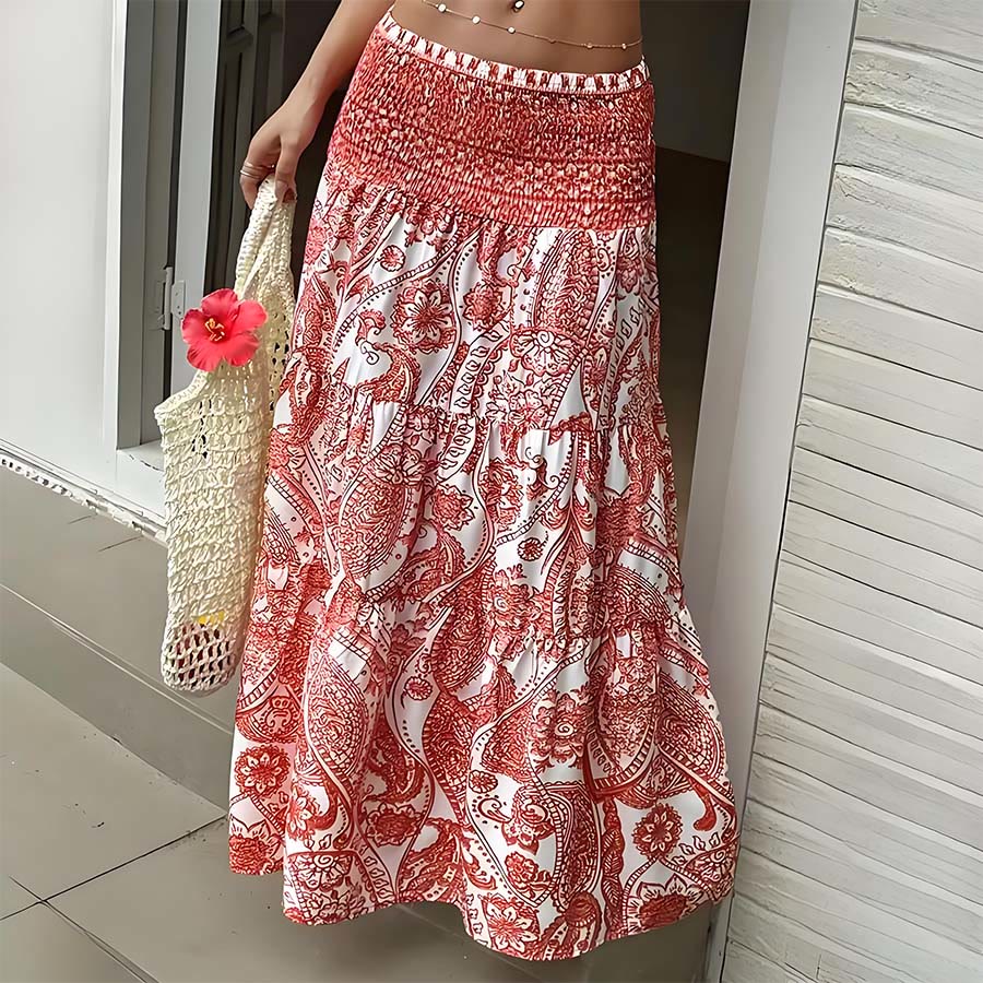 Olivenorma Bohemian Paisley Print High Waist Smocked Tiered Maxi Women's Dress - Red - XXL - image 13