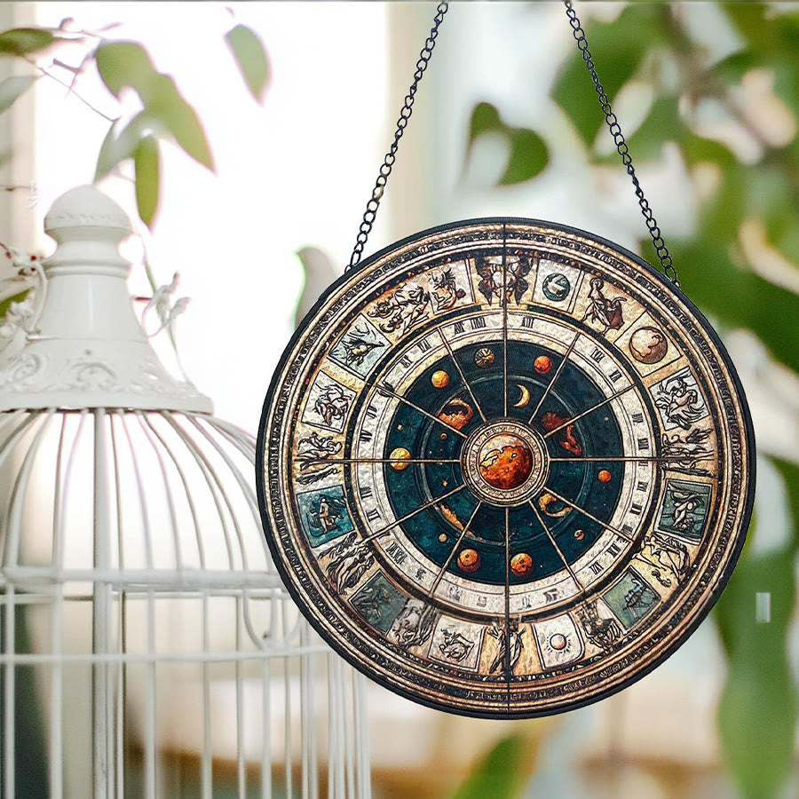 Olivenorma Vintage Astrological Zodiac Wheel Stained Glass Sun Catcher - image 3