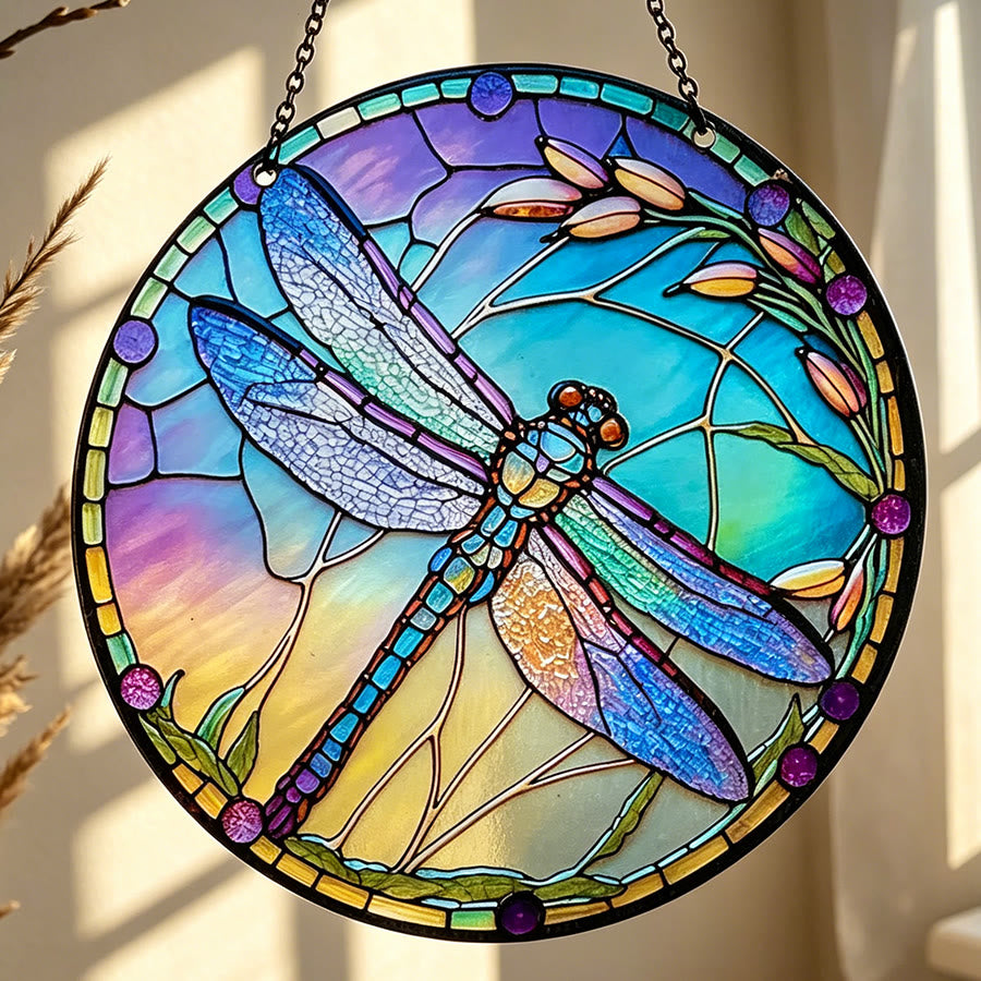 Olivenorma Iridescent Dragonfly Botanical Stained Glass Sun Catcher - 20cm*20cm - Inclined - image 0