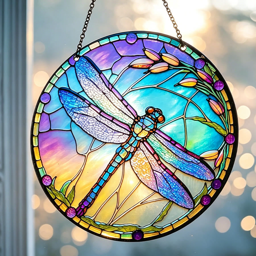 Olivenorma Iridescent Dragonfly Botanical Stained Glass Sun Catcher - image 2