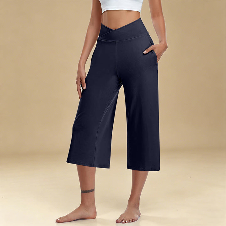 Olivenorma Crossover High Waist Cropped Wide Leg With Pockets Yoga Fitness Women's Pants - Navy Blue - 3XL - image 10