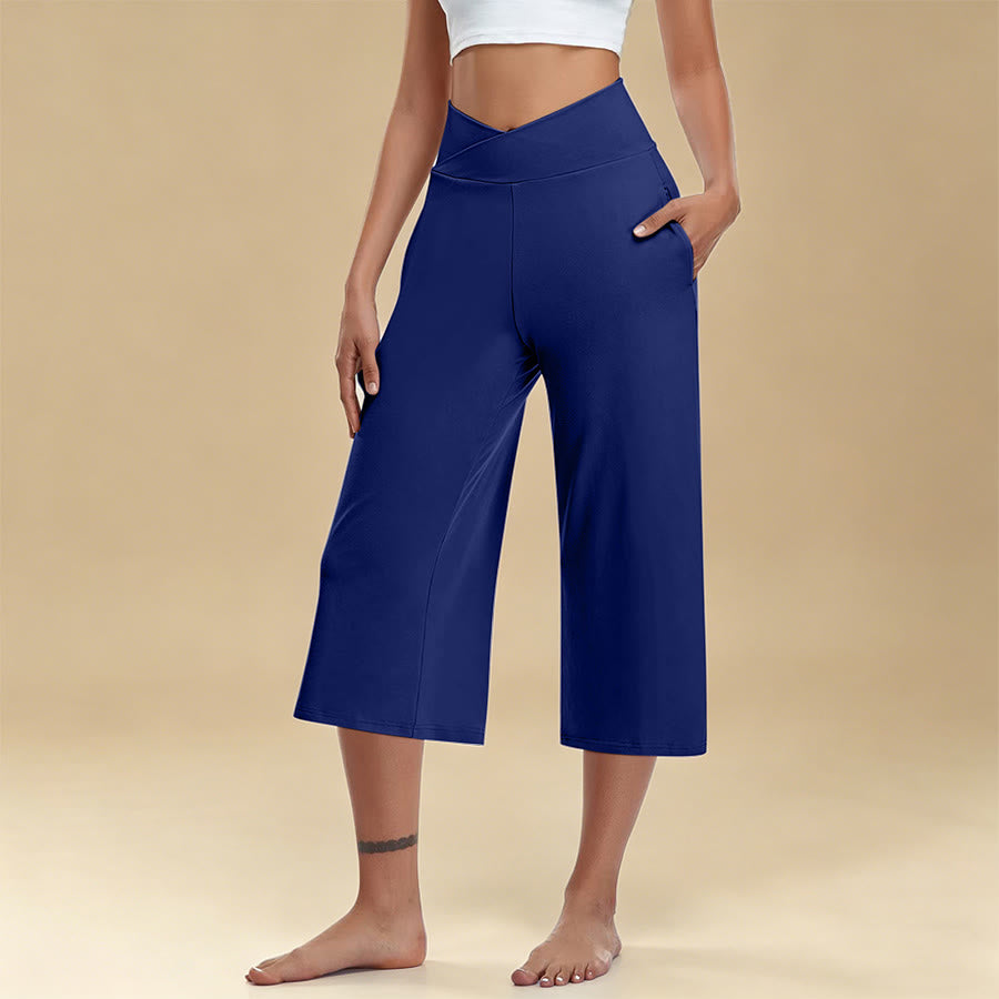 Olivenorma Crossover High Waist Cropped Wide Leg With Pockets Yoga Fitness Women's Pants - Blue - 3XL - image 5